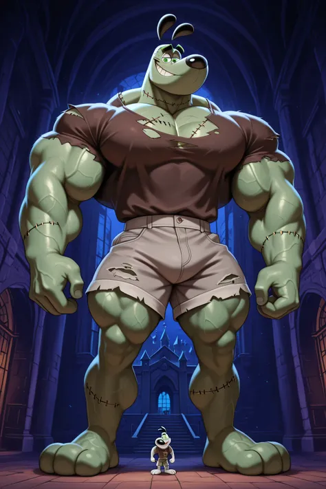 Masterpiece, best quality, high quality, detailed, Dudley Puppy, giant frankenstein monster, stitches on the body, scars, veins, big nuts in the neck, male, solo male, 1boy, broad shoulders, mature male, green eyes, purple dark circles on his eyes, droopin...