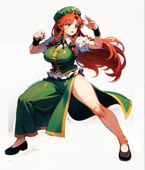 hong meiling,twin braids,hat,star hat ornament,chinese clothes,vest,puffy short sleeves,black gloves,fingerless gloves,pixel,