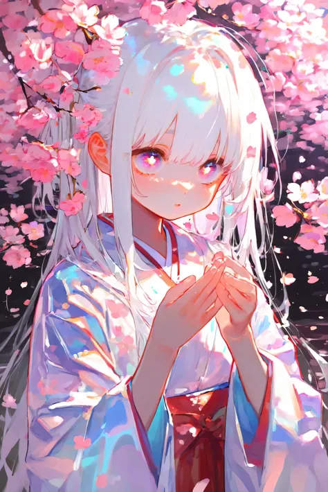 , the character of a young girl with long white hair and big shiny eyes, dressed in a traditional Japanese kimono, surrounded by cherry blossoms.