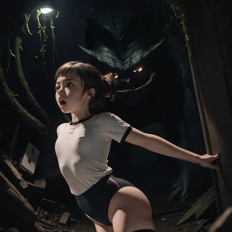 Girl, wearing a Black gymnastics bloomers,high leg ,white blouse、Scared girl、shout、Convulsing with fear、Girl being attacked by a monster、Girl caught by monster、be killed、There are a lot of monsters in the background、Girl surrounded by monsters、Solo,in dark...