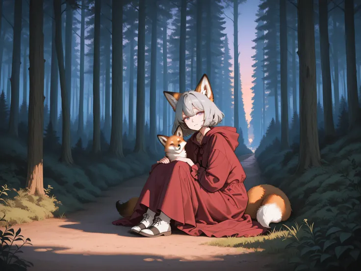 High Quality,4K,real,Delicate Details,womanhood,anthropomorphic fox,gray hair, melancholy expression,Forest at dusk,Natural Scenery,Sitting