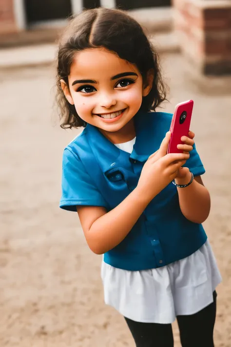 there is a little girl that is standing up with a cell phone, very very low quality picture, with a beautifull smile, riyahd cassiem, old picture, taken with the best dlsr camera, potrait, reyyan, innocent smile, full protrait, protrait, she is smiling and...
