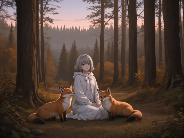 High Quality,4K,real,Delicate Details,womanhood,anthropomorphic fox,gray hair, melancholy expression,Forest at dusk,Natural Scenery,Sitting