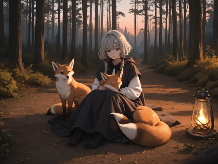 High Quality,4K,real,Delicate Details,womanhood,anthropomorphic fox,gray hair, melancholy expression,Forest at dusk,Natural Scenery,Sitting