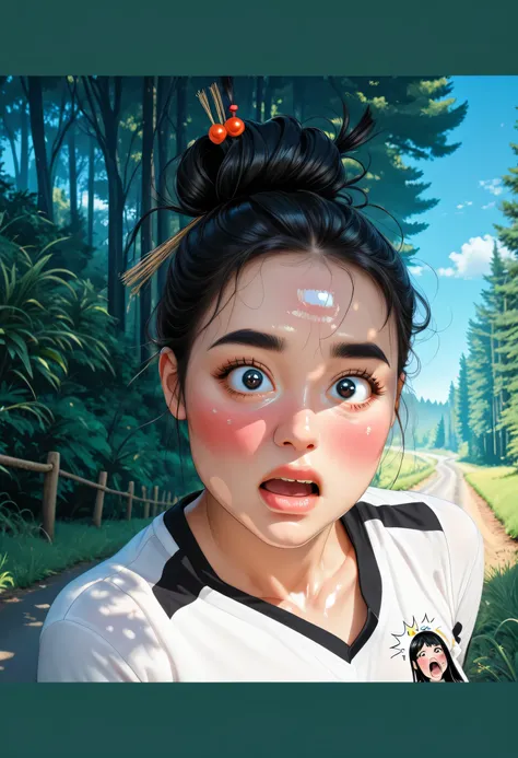 ((Perfect Face)), ((Female Asian, Face Asian)), Black Hair, (Top Knot Hair, Hair Up), Black Normal Eyebrows, Black Eyes, Lips Without Makeup, (Medium Breasts), (White V Neck-Shirt), Looking At Viewer, (Forest Road, Blue Sky, Grass), ((Big Eyes, Shocked, Bl...