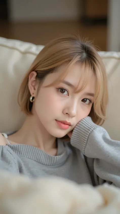 Intimate portrait of a young woman with short blonde hair and bangs, lying on a cream-colored sofa, wearing a gray off-the-shoulder sweater, shot with a Sony Alpha 7 III, 85mm lens, f/2.0 aperture, ISO 400, 1/200 sec shutter speed, low angle shot from slig...