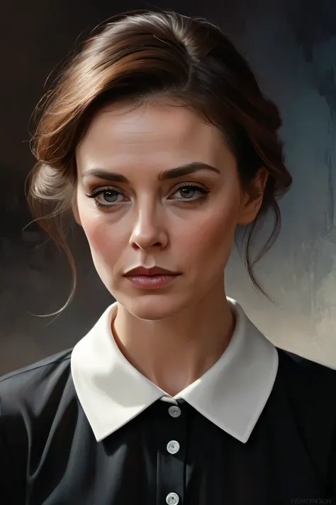 Steve McDonald Art. This is a digital painting of a woman's face, rendered in a realistic yet stylized manner. The subject is a middle-aged woman with a solemn expression. His skin is fair with a subtle reddish hue, suggesting the light source is from the...