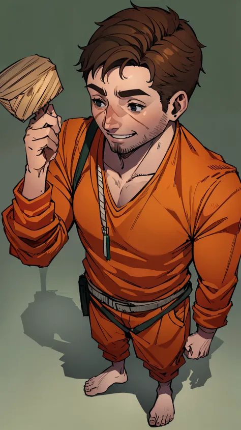 (High quality, 8k, 4k, high contrast, :1.2, high quality, best aesthetics), (centered), ((30-year-old man)), short light brown hair, white skin, big smile on face, burn scar on right side of face, super detailed, (full body), (no background), prisoner-styl...