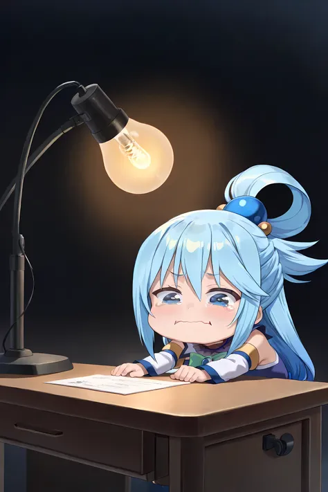 score_9, score_8_superior, score_7_superior, masterpiece, best quality, absurdres, high_fidelity, vibrant, sauce_anime, rating_safe, Adorable, 1girl, (short stack:1.3), chibi, Aqua_(Konosuba), standing, Put hands on desk, aquacrying, wavy mouth, closed mou...