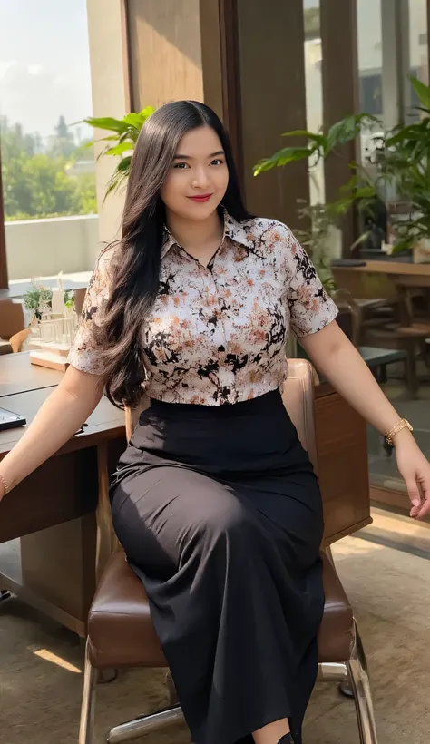 A beautiful woman seated confidently facing camera in a luxury corporate office, POV straight-on front view, flowing long black hair cascading past shoulders with subtle waves, wearing a fitted short-sleeve PGRI batik uniform in traditional blue and brown ...