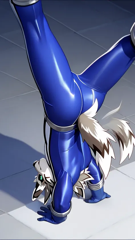 masterpiece, best quality, great quality, solo, 1 boy, Seth,glistening,muscular,tight,fluffy_tail,anthro,blue_bodysuit,blue_clothing,blue_gloves,blue_boots,boukenger,black_sclera,bodysuit,skinsuit,tight_suit,spandex,handstand,high-angle_view,butt,kick,moti...