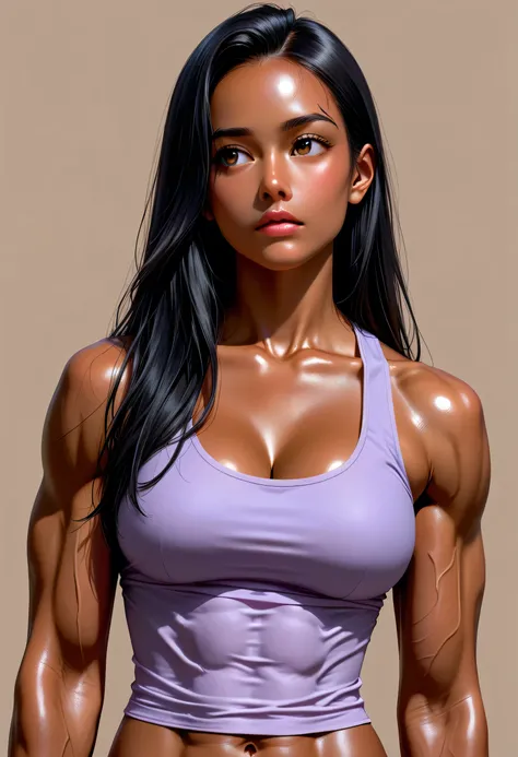 Perfect Face, (Chocolate Skin), Black Hair, Long Hair, (Forehead), Black Thin Eyebrows, Brown Eyes, Lips Without Makeup, Collarbone, Cleavage, (Medium Breasts), (Light Purple Tank Top), Looking At Me, (Simple Background), ((Muscles)), ((Abs))