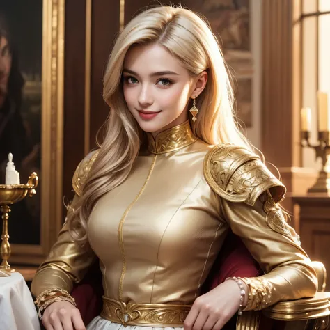 Medieval Saloon,Classic Retro Party,white blonde beauty,Medieval Noble Armor,Long Sleeve High Neck Shirt,Buttoned,Smile Yan,Delicate Features,elegant posture,elegant,masterpiece,8K,photorealistic,physically-based rendering,studio lighting,vivid colors,gold...