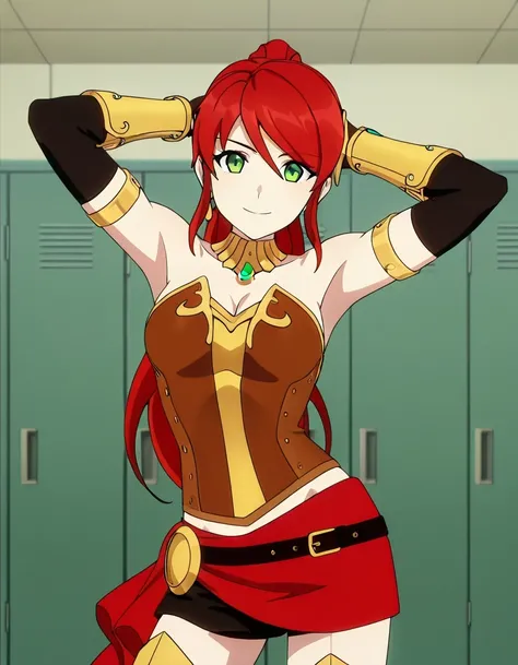 PyrrhaNik0s, 1girl, red hair, long hair, ponytail, green eyes, athletic female,
PyrrhaHuntress, bracers, elbow gloves, anime screencap, high quality, solo, cowboy shot, (contrapposto), hands behind head, closed mouth, dorm room, alone, looking at viewer, ...