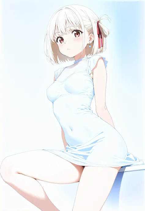 (Best Quality:1.5),(8k:1.5),(Pornographic images),Anime,cute,slut,1woman,chisato nishikigi, short hair,bangs,blonde hair,red eyes,hair ribbon, one side up,bob cut,Earrings,D-cup boobs,sexy,Beautiful legs, beautiful thighs,maxi dress