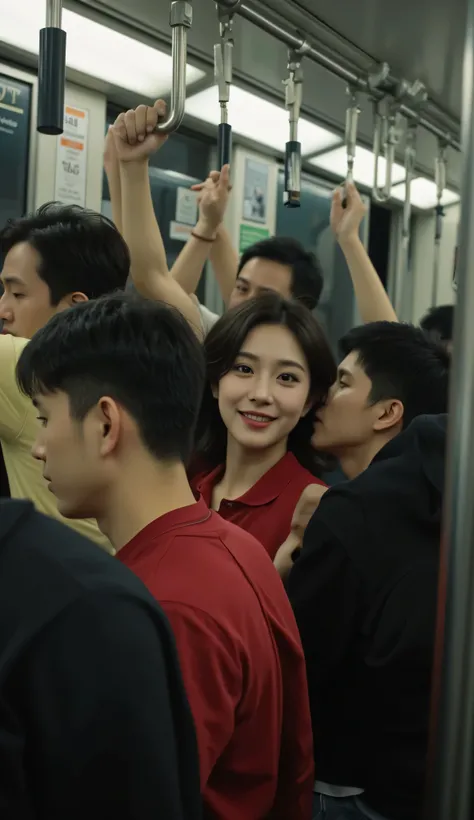 The shaking of the subway room looks real, causing everyone to almost fall down so they make spontaneous movements of pushing forward and sideways to maintain balance due to the strong shock. Inside the subway carriage full of passengers at rush hour, The ...