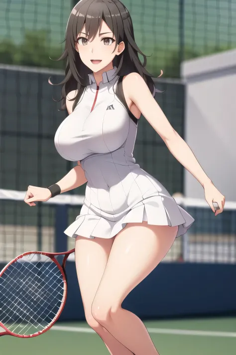 smiling up and down in white tennis wear，white，white pleated miniskirt，Bare legs，Splendid Thighs，Beautiful legs，Sneakers，Can you draw one person on a tennis court with white huge breasts，can you draw women who enjoy tennis，women with nice smiles， Woman wit...