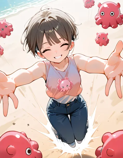 from above,(dynamic angle,dynamic jumping pose),upperbody,brown very short cut,bangs,undercut,closed one eyes,smile,with some pink Dumbo Octopus plush,summer sea,memorial shot,