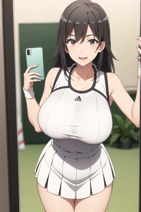 smiling up and down in white tennis wear，white，white pleated miniskirt，Bareleg，amazing thighs taking selfies in the mirror ，Beautiful legs，Sneakers，Can you draw one person on a tennis court with white huge breasts，draw a woman who enjoys tennis，Women with ...