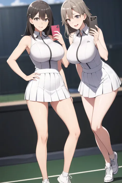 smiling up and down in white tennis wear，white，white pleated miniskirt，Barefoot，Amazing thighs taking selfies in the mirror ，Beautiful legs，Sneakers，Can you draw one person on a tennis court with white huge breasts，Depicting a woman who enjoys tennis，Women...