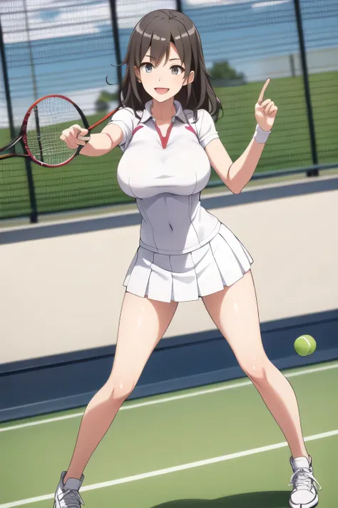 smiling up and down in white tennis wear，white，white pleated miniskirt，Barefoot，Amazing thighs taking selfies in the mirror ，Beautiful legs，Sneakers，Can you draw one person on a tennis court with white huge breasts，Depicting a woman who enjoys tennis，Women...