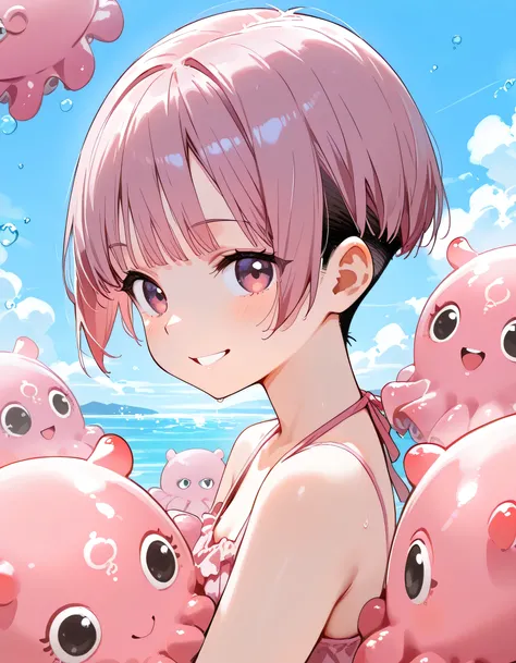 (with many pink Dumbo Octopus plushes),sideview,upperbody,brown very short cut,bangs,undercut,active smile,summer sea,memorial shot,