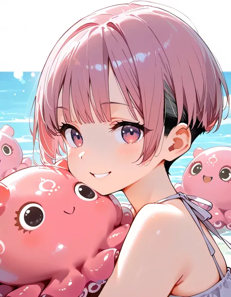 (with many pink Dumbo Octopus plushes),sideview,upperbody,brown very short cut,bangs,undercut,active smile,summer sea,memorial shot,