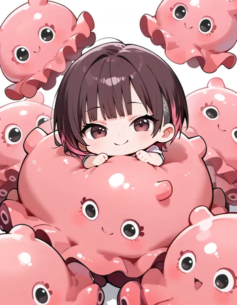 (chibi,fullbody),(with many pink Dumbo Octopus plushes),brown very short cut,bangs,undercut,active smile,white background,