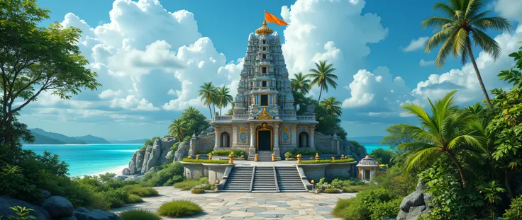 “An ultra-realistic cinematic photoshoot of a tropical island surrounded by turquoise blue waters and soft sandy beaches. At the heart of the island stands a magnificent Hindu temple, built in traditional South Indian style with intricate stone carvings, a...