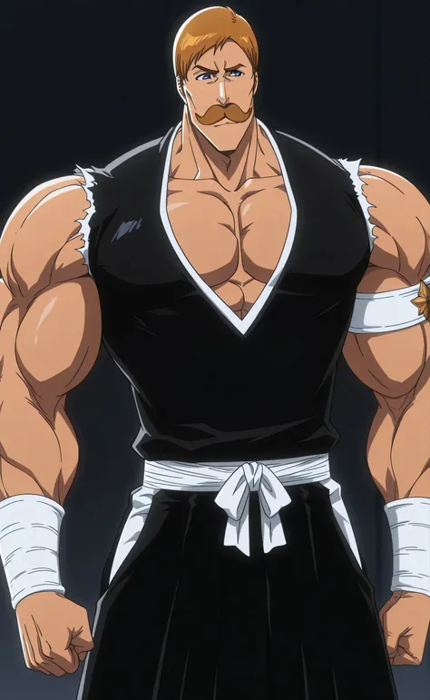1male,solo,Escanor,short hair,dark blond hair,blue eyes,mustache,big muscle,black kosode,black hakama,white arm band,Bleach Anime Style