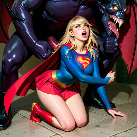 Melissa Benoist as Supergirl, she is defeated from fighting with a huge body devil, screaming in pain, she is kneeling and sexual assault by the devil, the devil is harassing her and rape her hardly, 