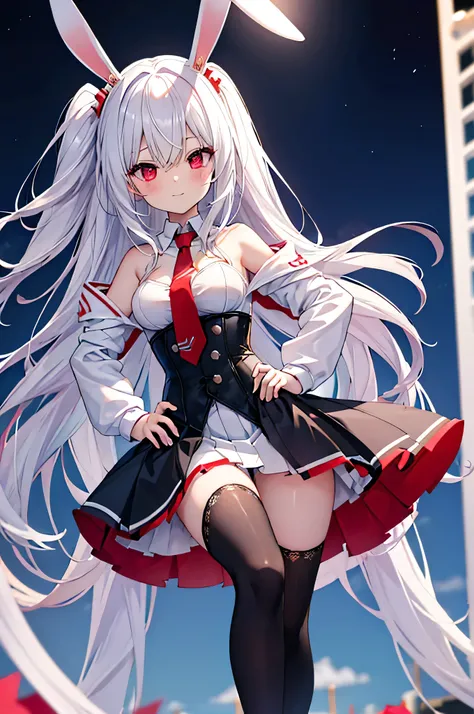 rabbitears White rabbit ears Smaller chest On the street at night Peeping posture Hands on hips elementary student Solo Girl white two side up hair {red necktie} Black and white miniskirt Ruffled Asymmetrical black and white boots Heartbreaker Very cute an...