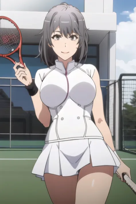 ，Picture of a woman enjoying tennis，smiling up and down in white tennis wear，white，white pleated miniskirt,big breasted tennis wear top and bottom，amazing thighs ，Beautiful legs，Sneakers，Can you draw one person on a tennis court with white huge breasts，，Wo...