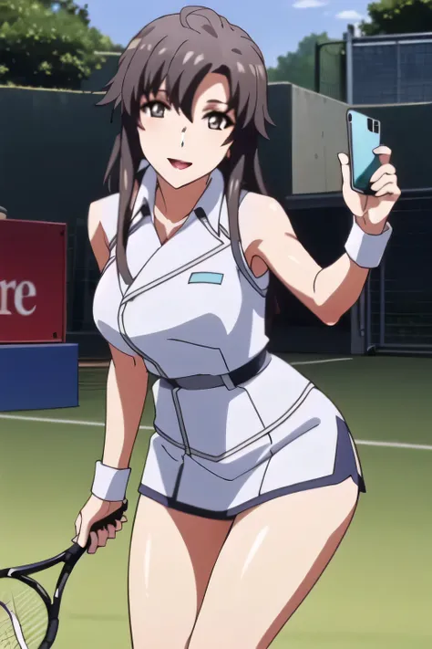 Long-Haired Woman with Dark Hair,，smiling Yang，Can you draw sleeveless giant chest tennis wear tops and bottoms that don't trim the face to the top of the head，，smiling Yangのyang，，表情がTop Prioritiesです, 笑顔でテニスを楽しむ長いLong-Haired Woman with Dark Hair，ノースリーブの巨大な...