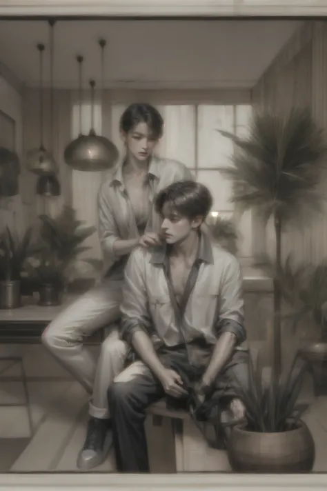 Two individuals are positioned in a contemporary, tastefully decorated indoor space, surrounded by lush greenery. The room is filled with natural light streaming through large windows, highlighting the muted, earthy tones of the interior. Both people are d...