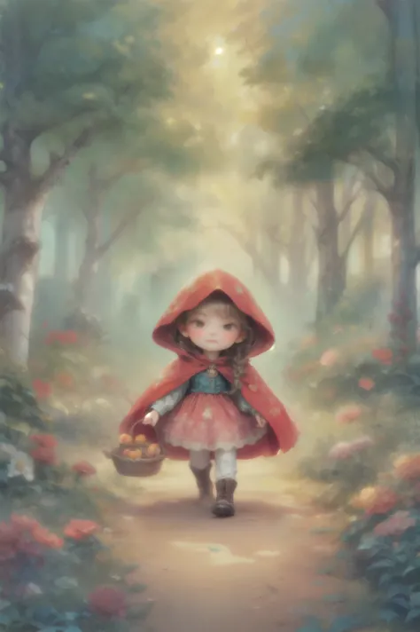 A young girl, dressed in a vibrant red hooded cape, strolls through an enchanting forest. Her outfit includes a matching red dress adorned with delicate floral patterns and a lacy hem peeking underneath. Sturdy brown boots cover her feet, hinting at her ad...