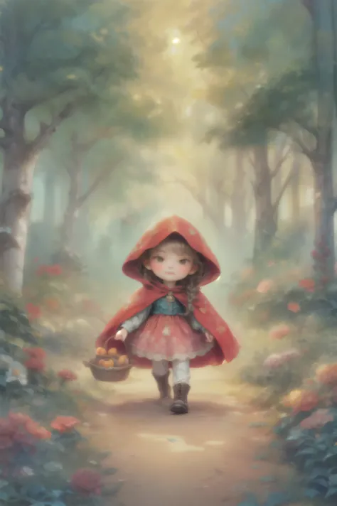 A young girl, dressed in a vibrant red hooded cape, strolls through an enchanting forest. Her outfit includes a matching red dress adorned with delicate floral patterns and a lacy hem peeking underneath. Sturdy brown boots cover her feet, hinting at her ad...