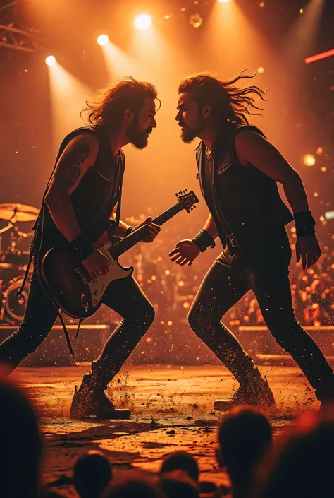 pratica, photographic masterpiece, alta risoluzione, two rockstars face each other on stage, fulmini, fuoco, Stage lights shine, gocce di pioggia, motion blur effects, dust particles flying, dramatic lighting, Detailed muscle definition, Effetti del sudore...