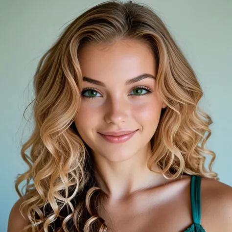 Realistic young woman, 25 years old, italian style, very realistic, clear, vivid eye color (e.g., emerald green), symmetrical face, model face, modern photography, long light pink curly hair, athletic figure, full breasts, lightly tanned skin, friendly smi...