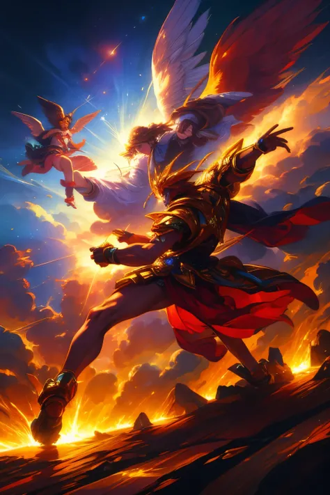 a wide shot of divine armies fighting each other in the air, with god-like attire and flashy effects