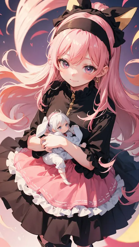 anime style、Story、、 cute女の子 、とてもcute天使、 pink gothic dress 、cute、baby-like face、smile、 long skirt 、 black boots 、Very cute headband