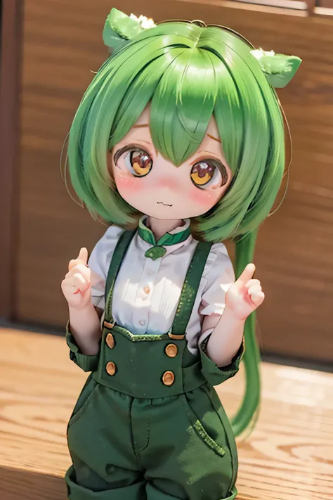 cute green-haired zundamon in playful pose, ( chibi), detailed character design , intricate details , surreal , photorealistic , 8k, masterpiece , is high resolution, brigh...