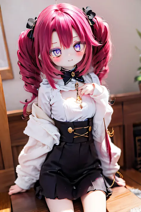 Shikoku methane　(dark reddish purple hair)　 Hair lift　(((  Hair loss on the way  )))　sit on a table chair and drink tea　Shikoku methane's hairstyle　Forehead sticks out of chest 