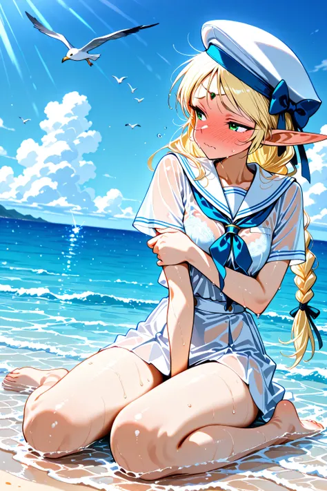masterpiece, best quality, highres, incredibly absurdres, amazing quality, tanaka masayoshi artstyle,
1girl,solo ,three quarter view,
deedlit, pointy ears, elf, blonde hair, French braided ponytail, white serafuku,white sailor collar,white skirt,white sail...
