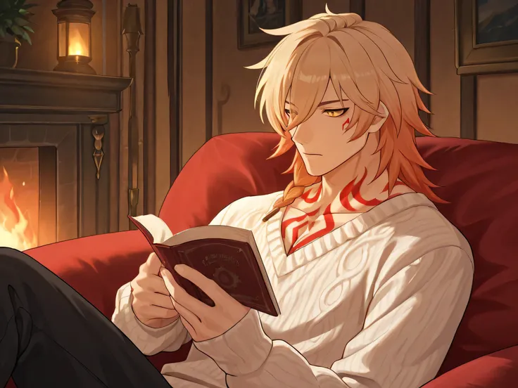 mydei, gradient hair, blonde hair, yellow eyes, tattoo, 1 boy, male focus, is sitting on a cozy sofa , reading a book, сосредоточенный, серьезный, на столе стоит кружка чая, Fireplace in the background , in a white sweater, soft pastel tones around, the...