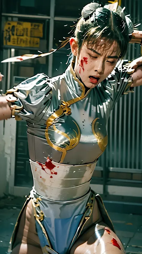is cool, Decisive Pose, Chun Li(silver costume), struggling, bleeding, bruised, bleeding from mouth, Manna's expression, sweat, hyper real, photo real, Fierce Battle, Masterpiece, Realistic, fighting, Breathing Hard, tattered