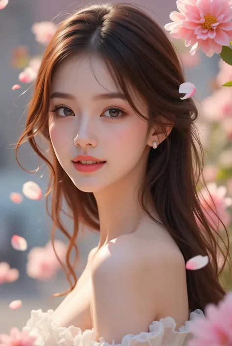 Highest Quality、masterpiece、high resolution、,one girl showing her chest、Dindle effect、realistic lying down、Edge Light、Two-color lighting 、(detailed skin:1、2)、8K UHD、 pure 、(Pearl Earrings)、 Johannes Vermeer Dolce、 floral background 、Colorful Background、ba...