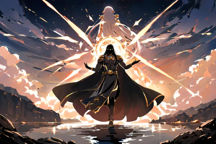 A grand celestial tableau depicting a furious clash of words between two mighty Olympian gods. On the left, Zeus, king of the gods, towers with commanding presence. His muscular form is draped in regal white and gold robes that ripple with divine energy. H...