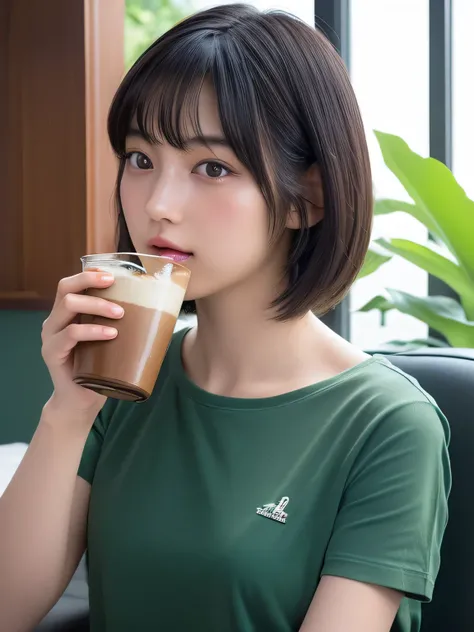 Short-haired beautiful glamourous 32-year-old woman wearing a dark green T-shirt, sitting on a chair and drinking iced cafe au lait at cafe, (((sitting at cafe))), (((wearing a dark green T-shirt))), (((hairs reaching the shoulders))), (((drinking iced caf...