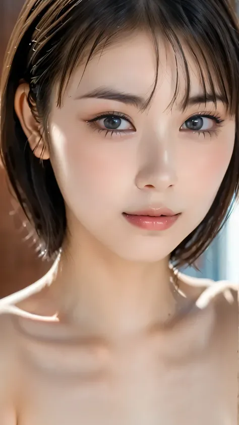 Pale blush,first-person view,cute,nude,(embarrassing,blush:1.3),(detailed face),(Very thin face),(Thin Face),(Delicate lips),(Beautiful Eyes:1.3),light brown eyes,short hair,light brown hair seen from pussy,(Thin nipples  :1.3),(nsfw),(upper body),cowboy s...